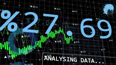 On data update green candlesticks fluctuating, blue numerals sliding, markers Stock Footage 335651886