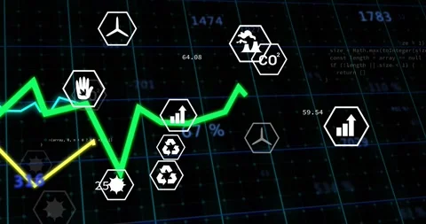 On data update, green line rising, hex icons clustering, code appearing showing Stock Footage 329575440