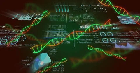 On data update, helices floating over dark HUD, panning ahead, lighting charts, Stock Illustration
