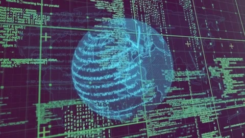 On data update holo globe rotating, bands wrapping, code streaming, grid Stock Footage 333872998