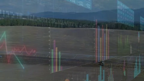 On data update holographic charts changing types, sliding across field to reveal Stock Footage 333965749