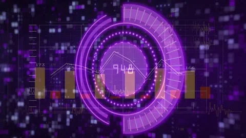 On data update HUD appearing on pixel squares, rotating rings and updating Stock Footage 319682536