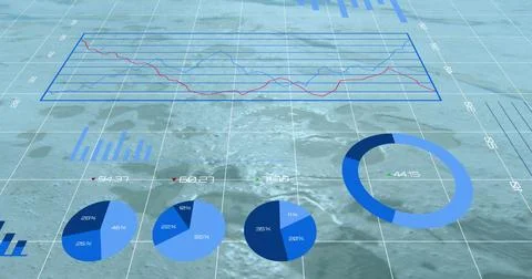 On data update interactive data dashboard animating over water grid, charts Stock Photos