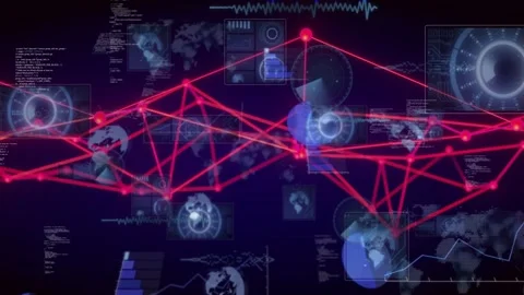 On data update neon-pink network densifying, nodes pulsing, HUD panels sliding, Stock Footage 328384510