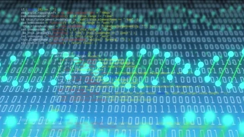 On data update node chain pulsing, nodes brightening rightward, code flickering, Stock Footage 334337846