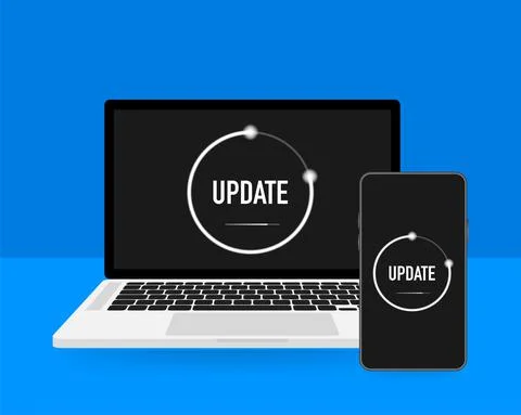 Data update or synchronize with bar process. Update on laptop and smartphone. Illustrazione stock