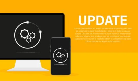 Data update or synchronize with bar process. Update on laptop and smartphone. Illustrazione stock