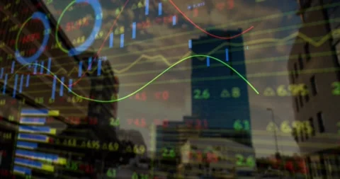 On data update overlaid financial dashboard animating across dark skyscraper, Stock Footage 329702962