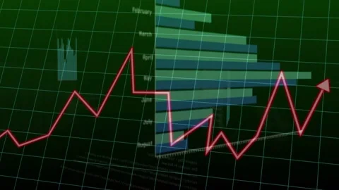 On data update red zigzag line entering left, tracing rises, drops, aligning Stock Footage 332772119