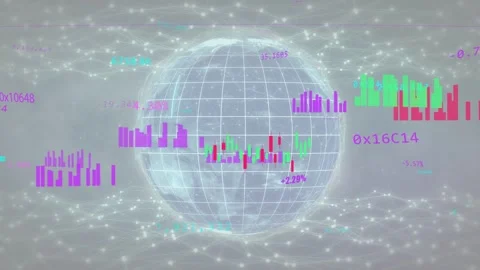 On data update semi-transparent globe rotating, candlesticks and histograms Stock Footage 334788163