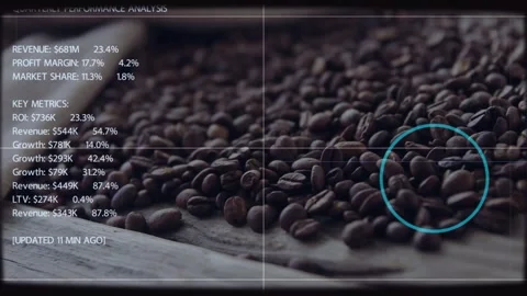 Data update showing left stats box forming turquoise circle over coffee beans Stockbeeldmateriaal 333963336