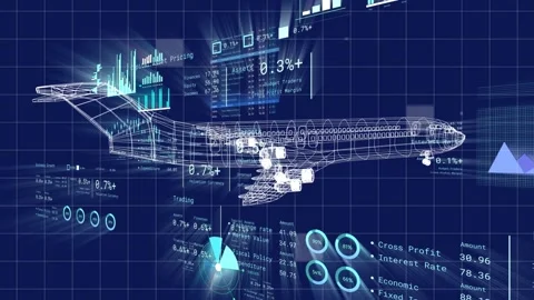 Data update starting wireframe jet rotating revealing cockpit and showing Assets Stock Footage 332843967