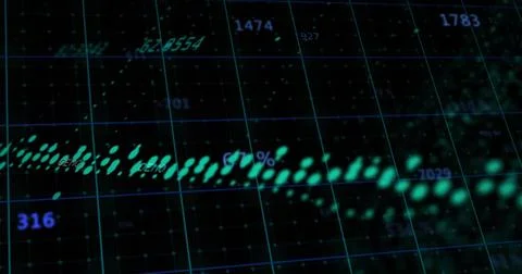 On data update teal dotted waveform tilting across dark market grid, 316 Stock Illustration