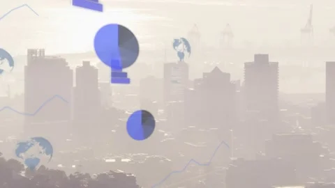 On data update two translucent circular charts growing and shifting over skyline Stock Footage 322204285
