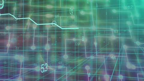 Data updating driving 3D grid and cyan trace emerging, moving right, showing Video stock 334788102