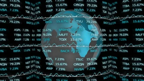 Data updating rotating 3D globe in clear orb running tickers morphing graph Stock Footage 329710124