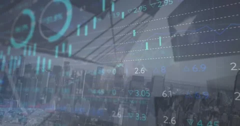 Data updating, teal bars shifting over city, stacked bar pulsing, tickers Stock Footage 326974296