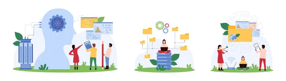 Data upload, sharing and processing with AI chatbots set, tiny people share Stock Illustration