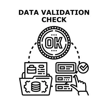 Data validation check ensuring quality control process Illustrazione stock