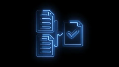 Data validation process with neon glow effect two documents transferred and.. Video stock 346000969