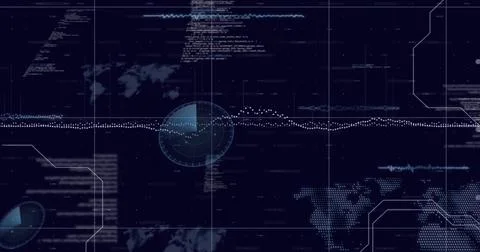 Data visualization and analysis image over world map and radar graphics 스톡 일러스트