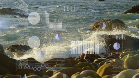 Data visualization and analytics animation over rocky seashore with waves Stock Footage 306274542