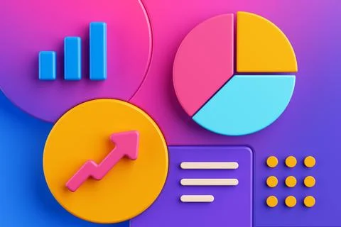 Data Visualization And Analytics Concept. Colorful 3D Charts And Graph Elem.. Stock Illustration
