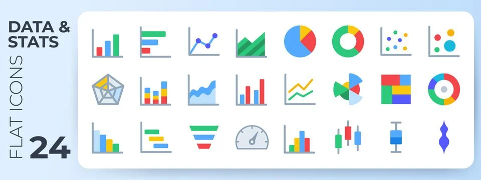 Data visualization and statistics flat icons including bar charts, pie graphs Stock Illustration