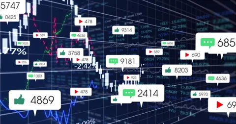 Data visualization animating on dark grid, showing candlesticks, lines and Stock Footage 307432288