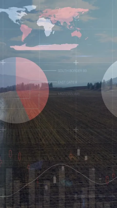 Data visualization animation over agricultural landscape with charts and world Stock Footage 344370560