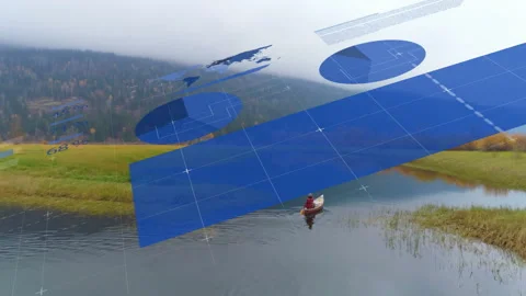 Data visualization animation over serene landscape with person rowing on calm Stock Footage 303947884