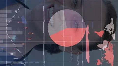 Data visualization animation over smiling woman with global testing statistics Stock Footage 313332433