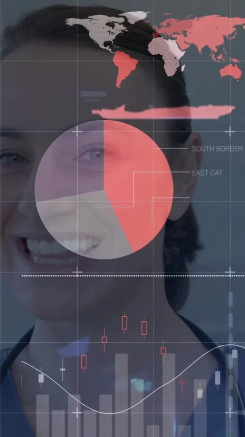 Data visualization animation over smiling woman with global testing statistics Stock Footage 320034793