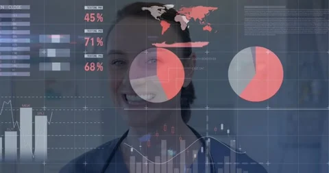 Data visualization animation over smiling woman with global testing statistics Stock Footage 330169405