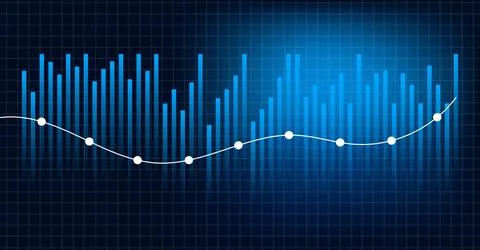 Data visualization bar chart with line graph trend showing fluctuations Stock Illustration