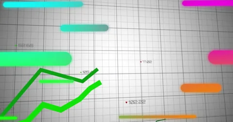 Data visualization being animated in flat design, with bright green line graph Video stock 307461143