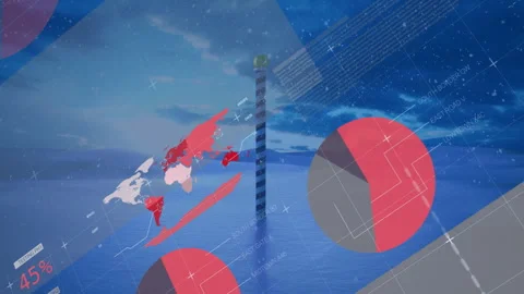 Data visualization being animated over ocean, showing candy-cane pole, flat Stock Footage 307437084