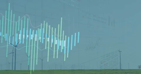 Data visualization being animated over wind turbines, showing colored bar graphs Stock Footage 309096929