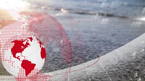 Data visualization being animated on rippling water backdrop, with dotted globe, Stock Footage 309101711