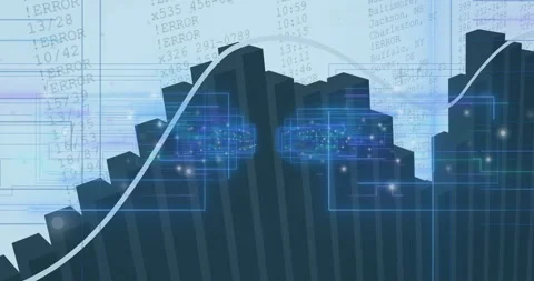 Data visualization being rendered in 3D space, with blue bar charts, blue line Stock Footage 307431376