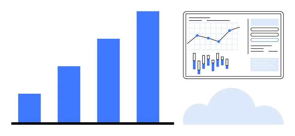 Data visualization with blue bar chart and analytics dashboard connected th.. Illustrazione stock