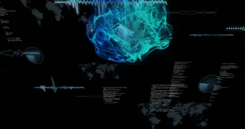 Data visualization cloud swirling in dark interface displaying code text, Stock Footage 309342764