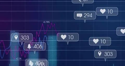 Data visualization dashboard displaying in blue grid, dotted bar charts, line Stock Photos