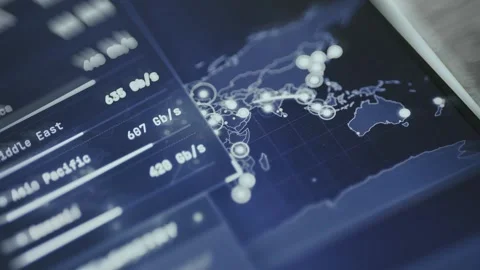 Data visualization dashboard displaying global network performance metrics Stock Footage 335486797