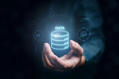 Data visualization, data analyst and storage virtual hologram icon on screen Stock Photos
