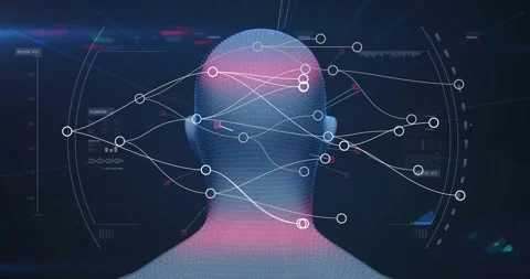 Data visualization displaying head mesh being probed by node lines with 3D HUD 스톡 동영상 329694450