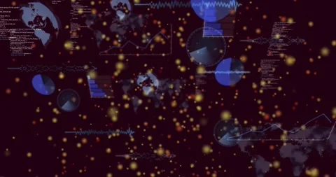 Data visualization elements unfolding on maroon canvas, particles driving charts Stock Footage 321550179