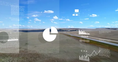 Data visualization graphics overlaying aerial view of landscape in animation Stock Footage 304841884