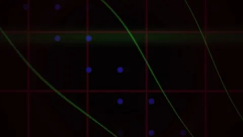 Data Visualization Hud Interface with Green Curves and Blue Dots on a Red Gri Stock Footage 343693719