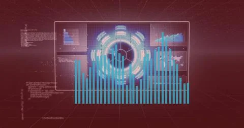 Data visualization image with circular and bar graphs over digital interface Stock Photos